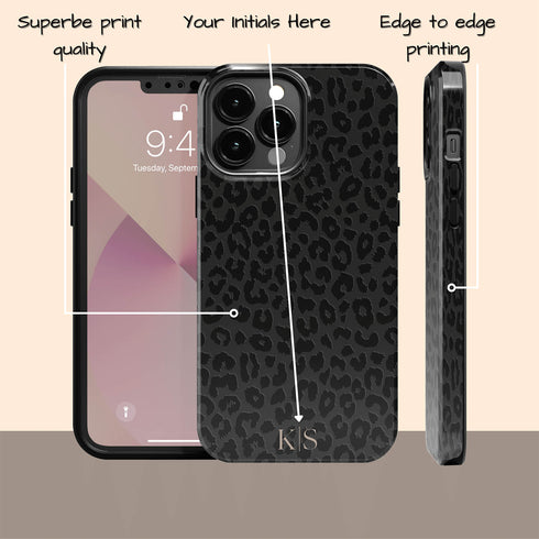 Black Leopard Custom Initials iPhone Case - Centered
